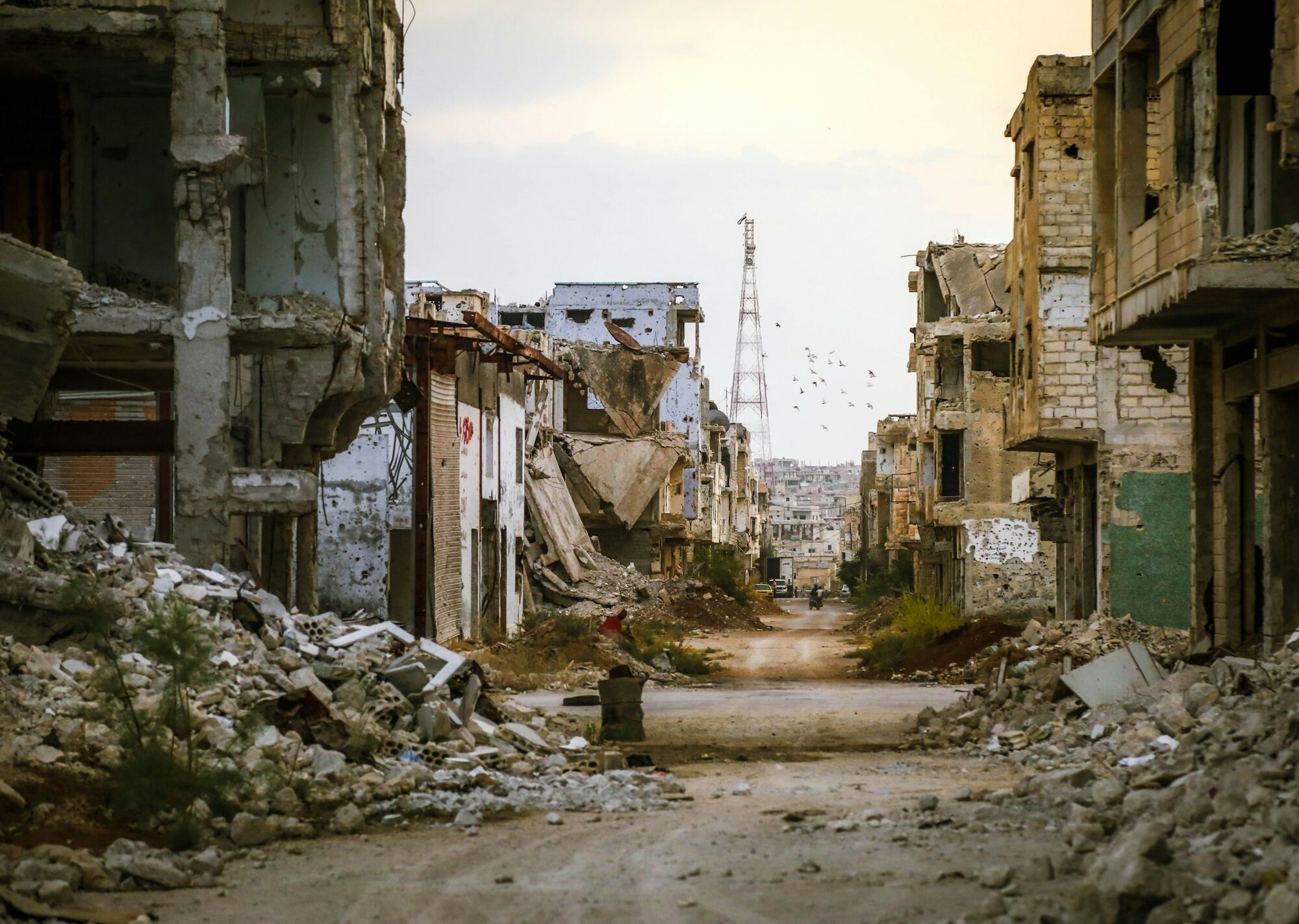 War-damaged buildings in a conflict zone