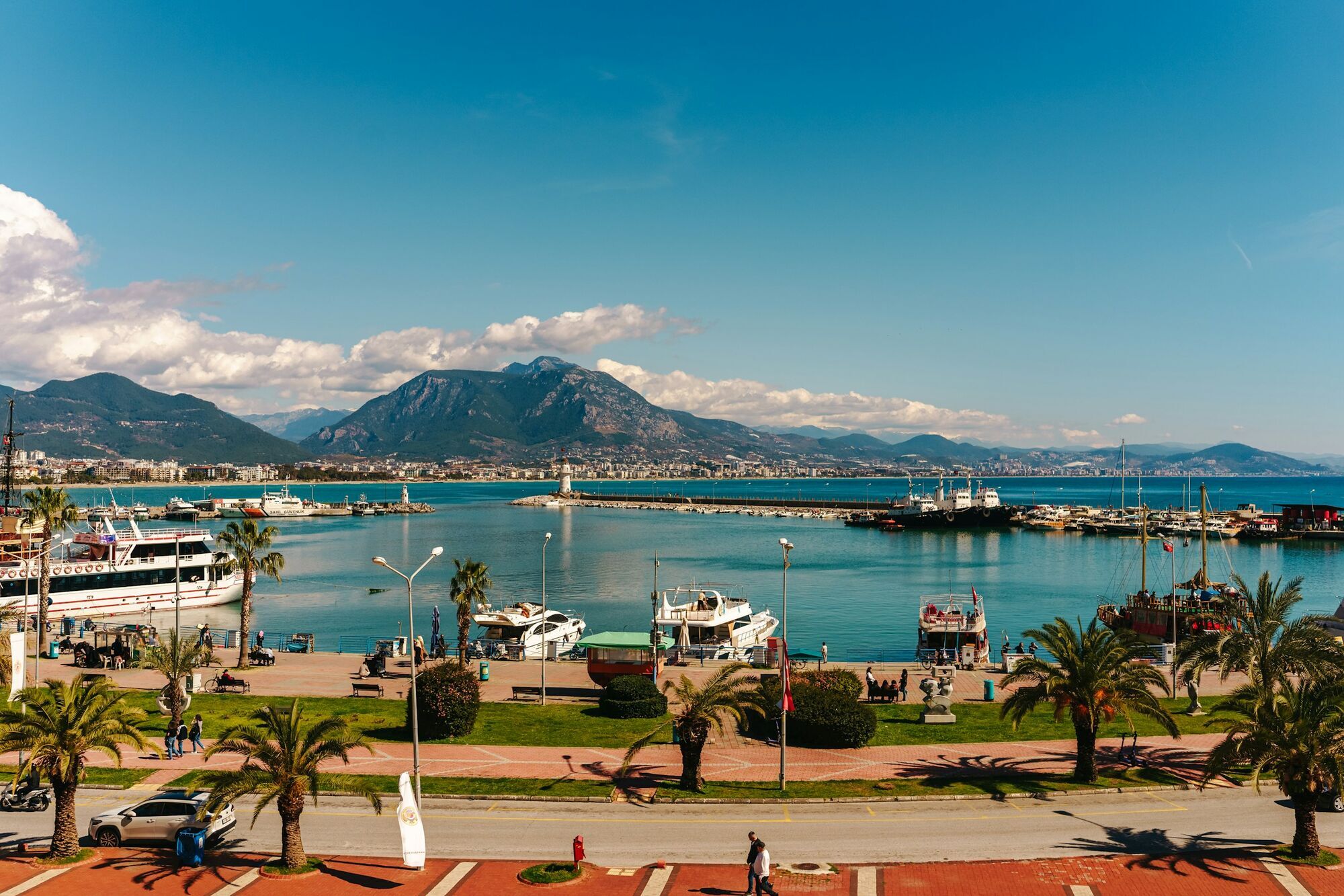 Turkish coastal city and harbour by the Mediterranean