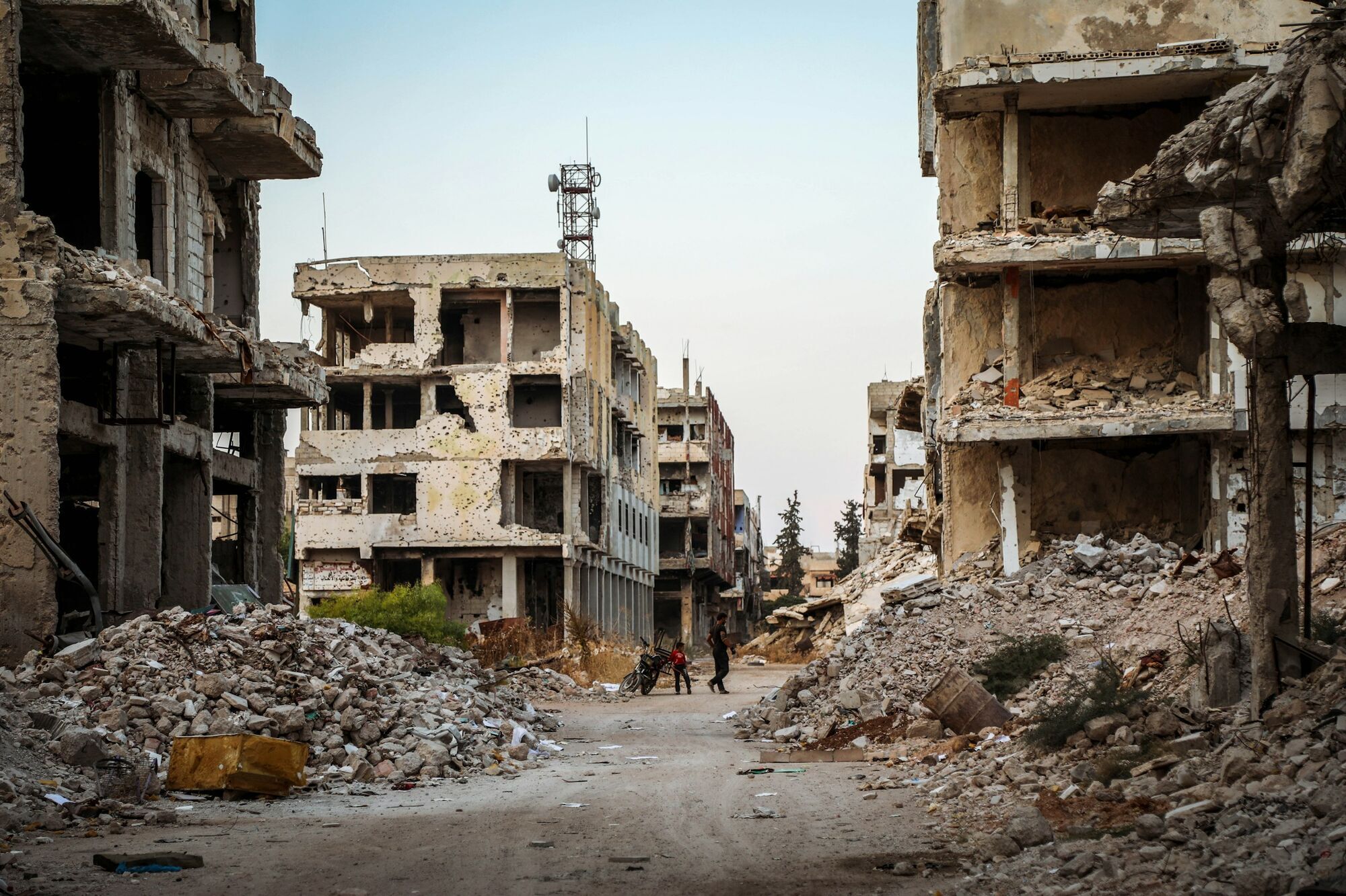 War-damaged buildings near the Turkey-Syria region