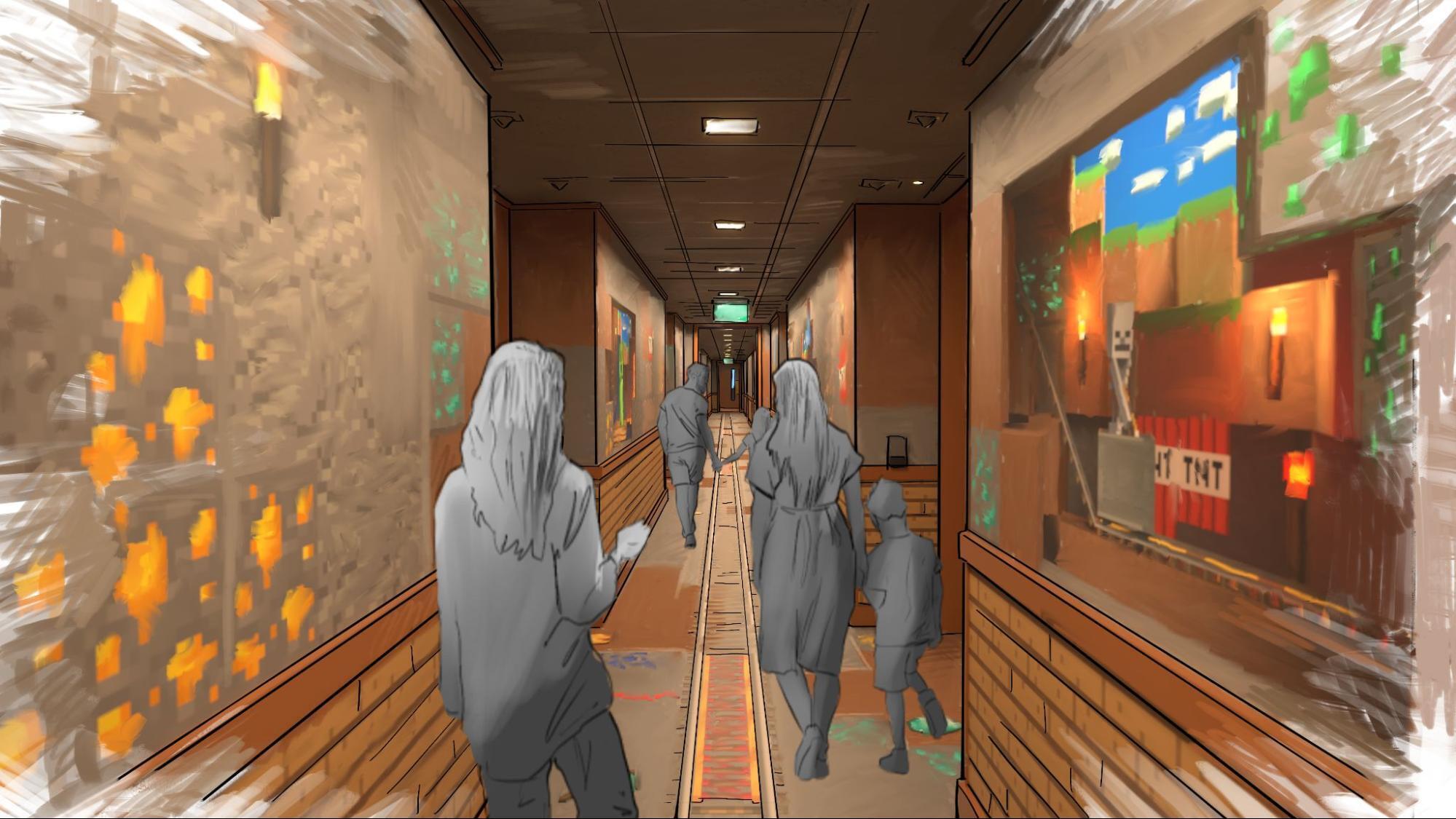 Minecraft-themed hotel corridor concept