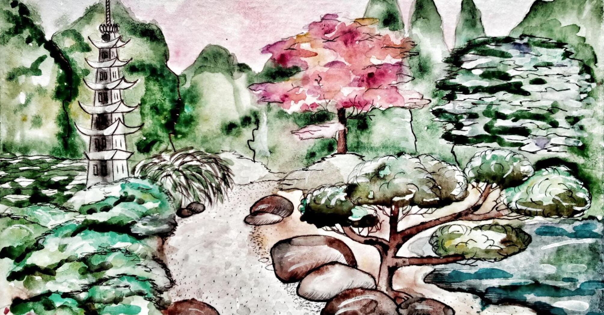 Japanese landscape in watercolor