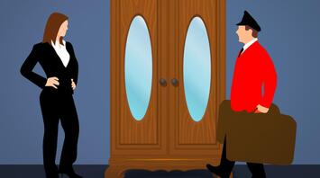 A woman in business attire facing a wardrobe with a man in a red jacket and hat carrying a suitcase, walking towards it