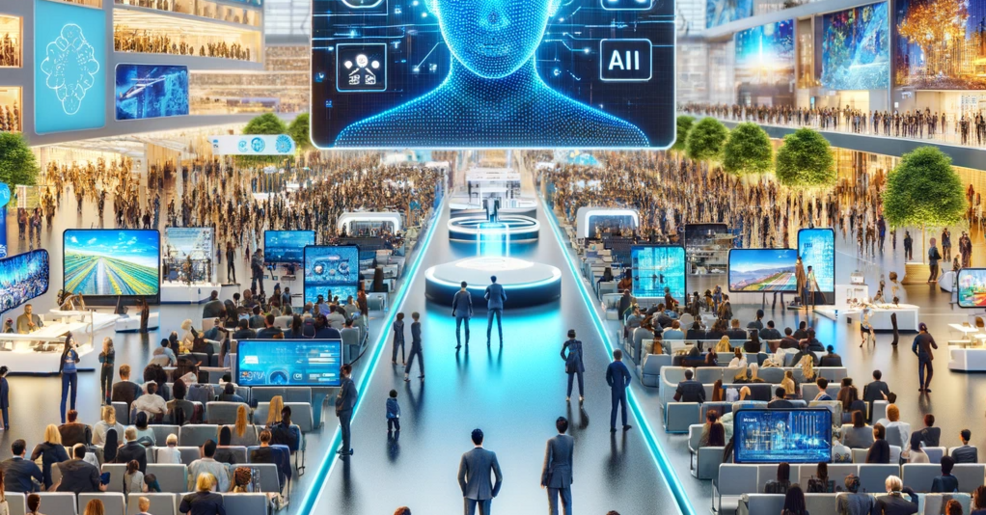 Modern convention hall with AI technology displays