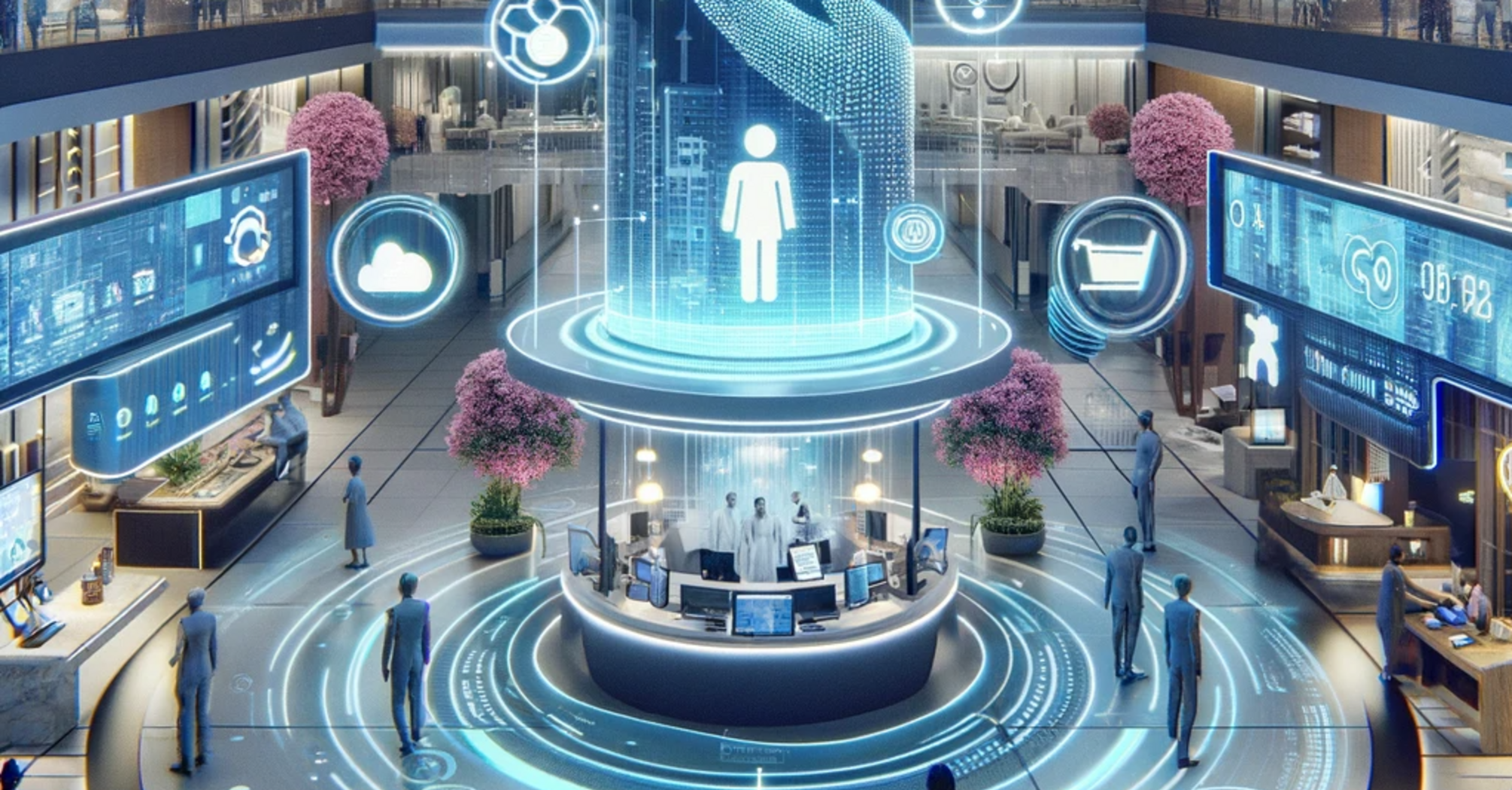 Vision of a futuristic hotel lobby  with advanced AI and cloud computing technologies