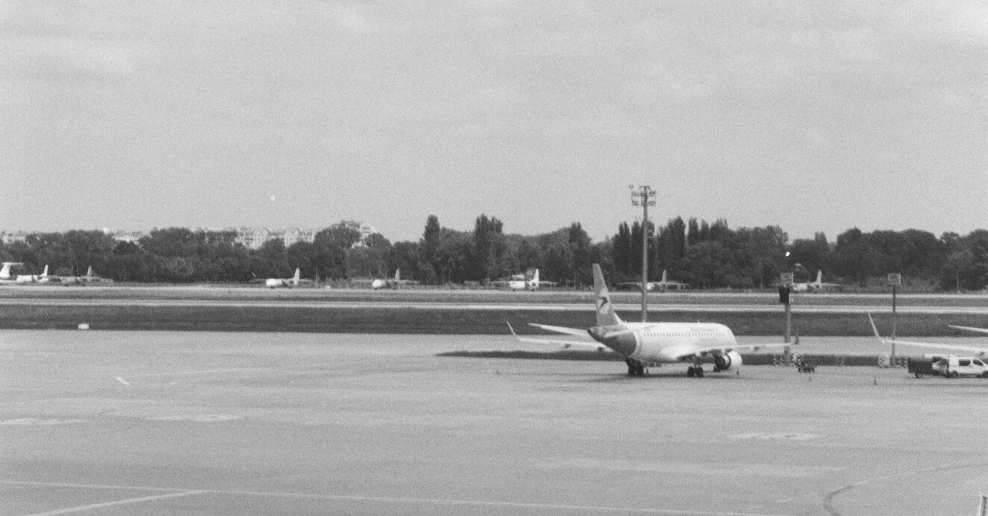 A black and white photo of an Boryspil airport