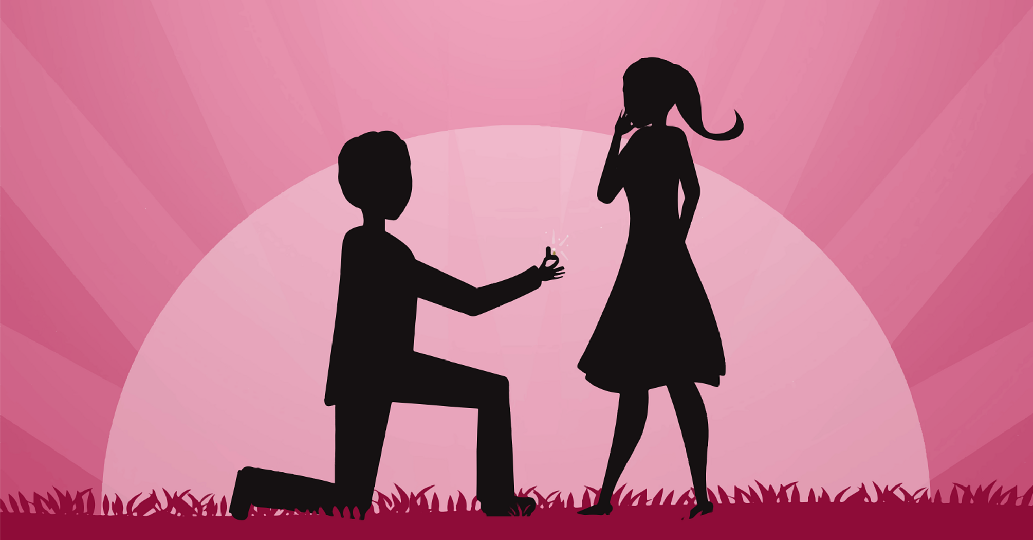 The silhouette of a person, kneeling and offering a ring to a woman