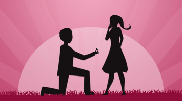 The silhouette of a person, kneeling and offering a ring to a woman