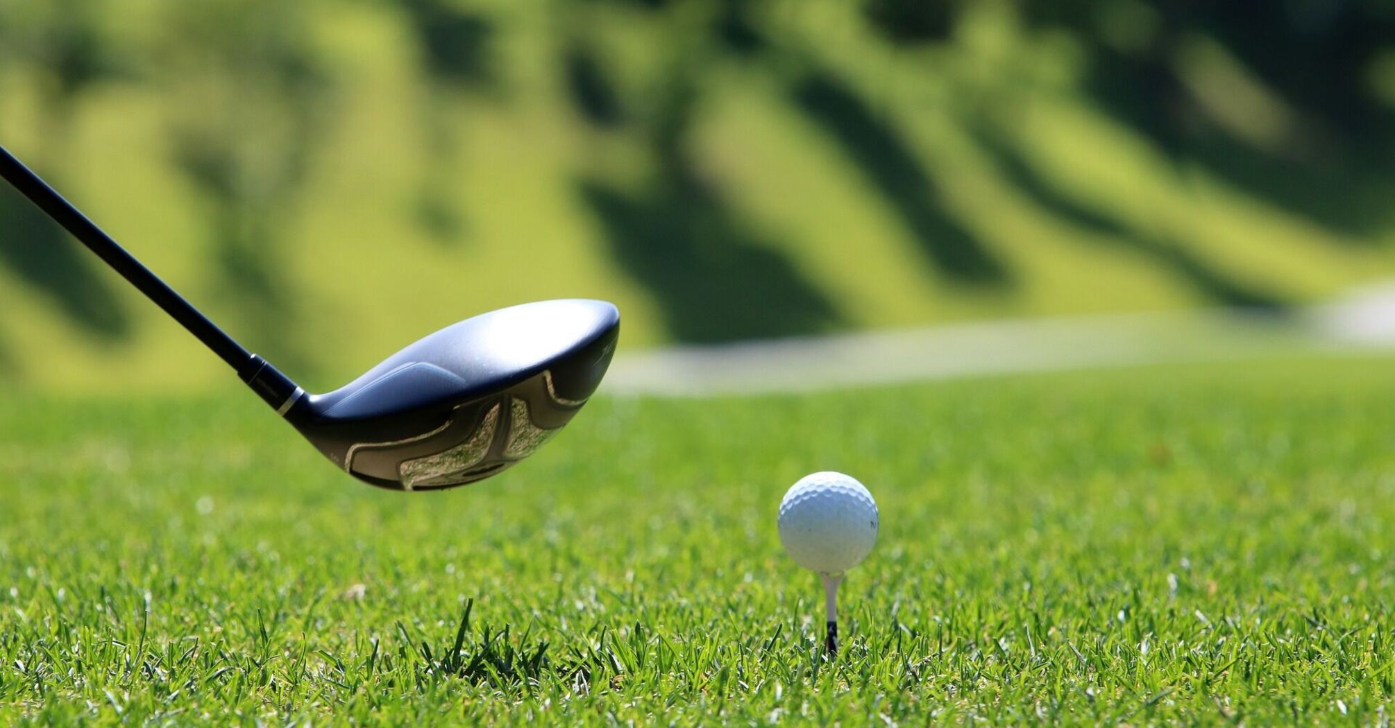 Close-up of a golf club about to hit a golf ball on a lush course