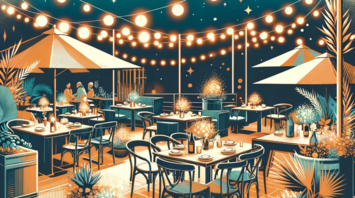 Stylized illustration of a cozy outdoor dining area at a night-time food festival with tables, chairs, plants, and string lights