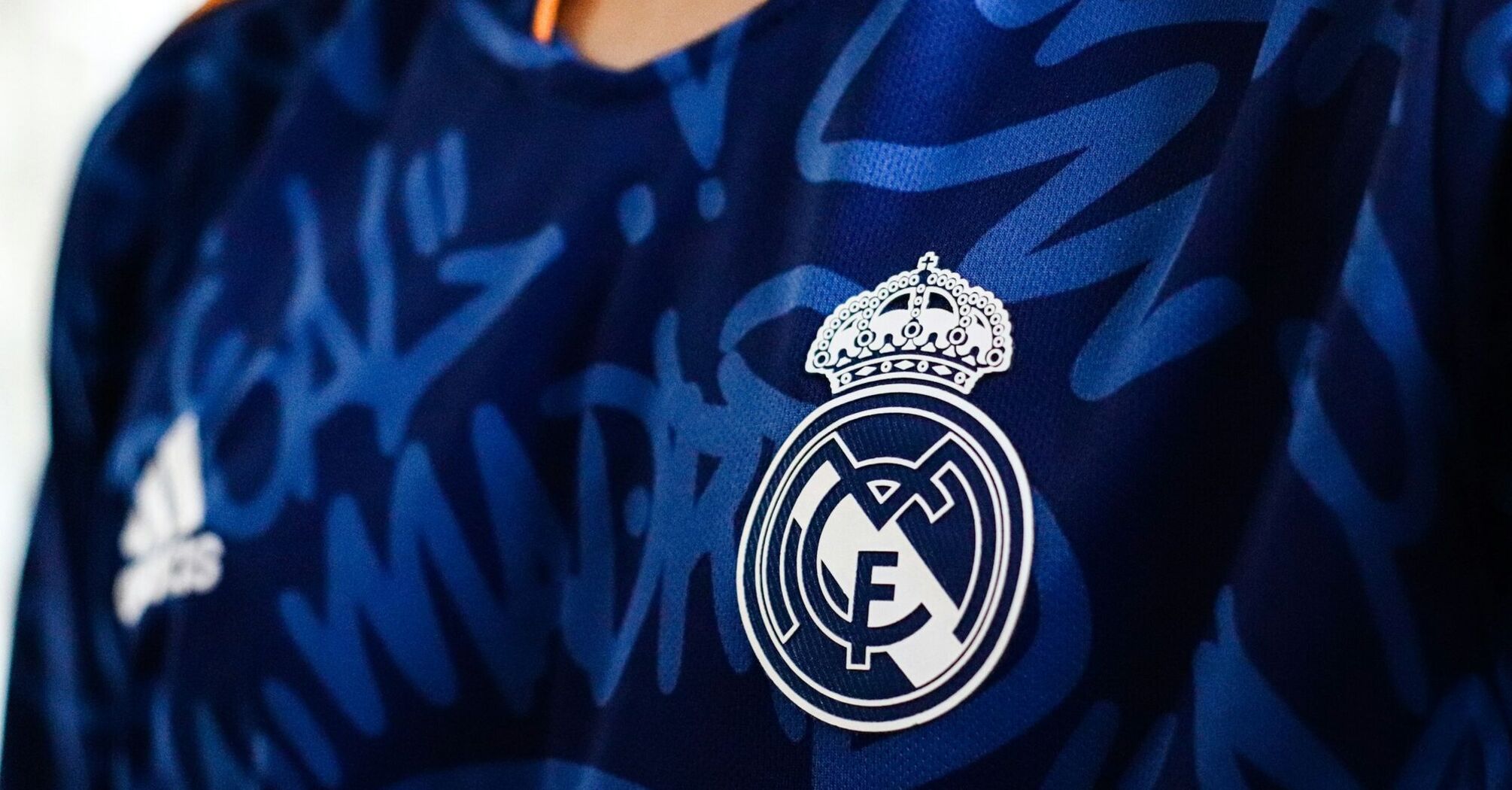 A close up of the Real Madrid soccer jersey