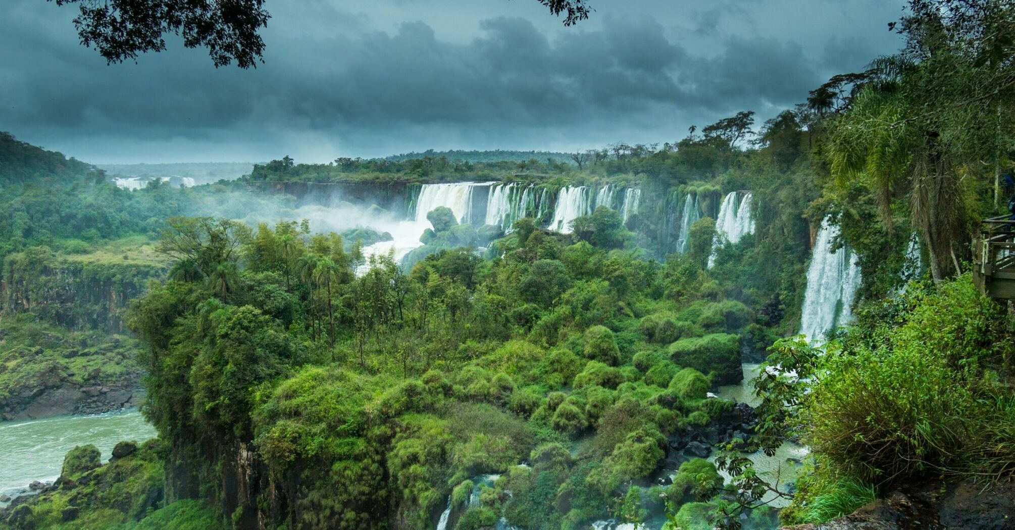 Rainy and cloudy view of Iguazú Falls
