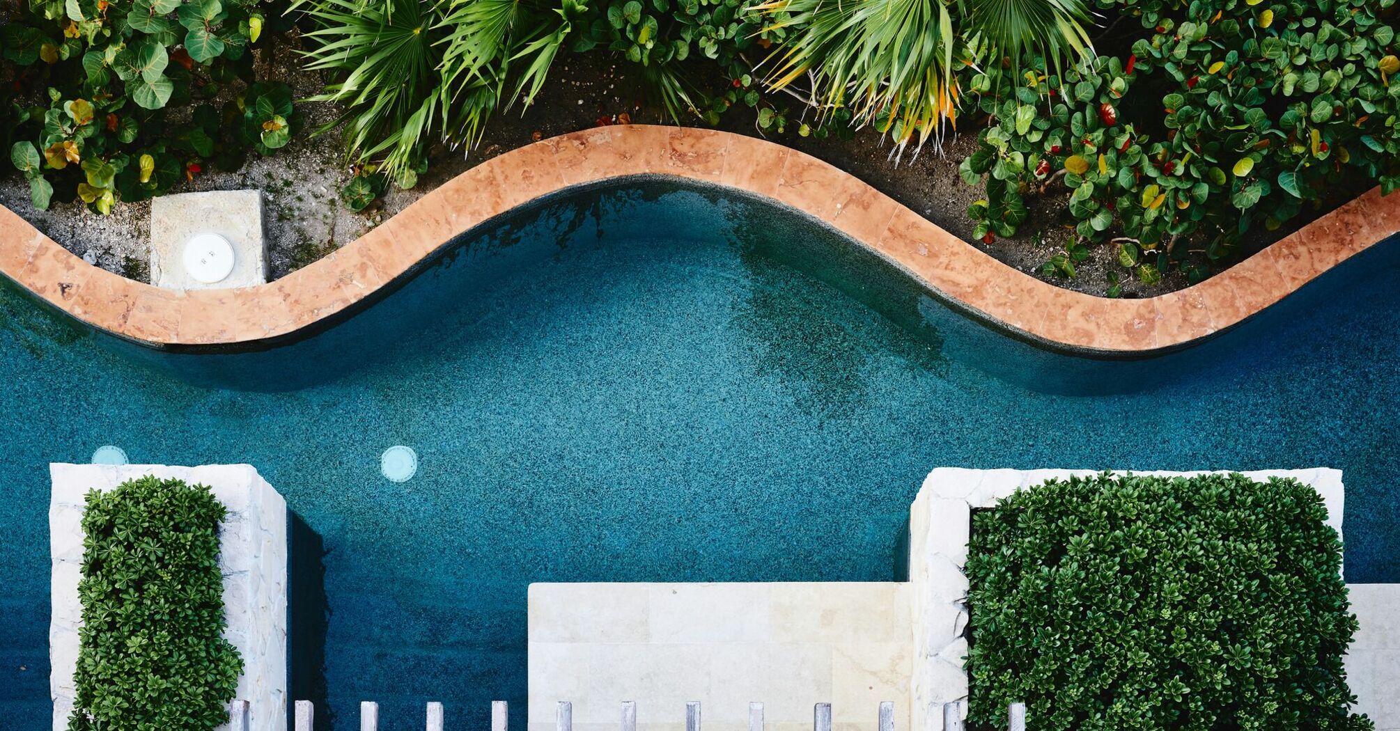 Aerial view of a curvy swimming pool surrounded by lush greenery and deck chairs