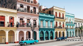 A colorful strip of buildings in Havana, Cuba