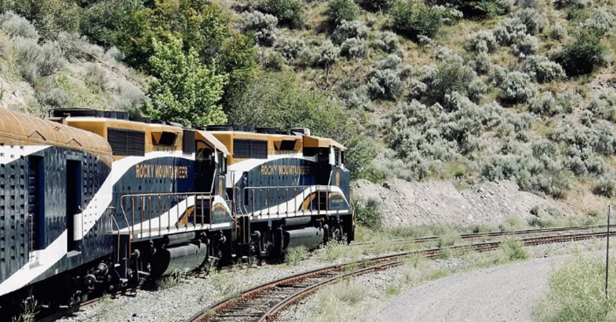 Rocky Mountaineer train on the road