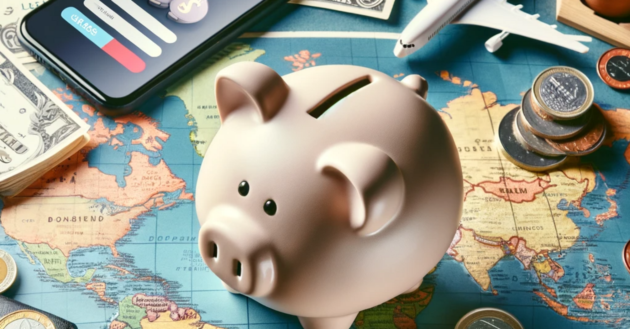 Piggy bank on world map with currency symbols, cashback app, passports, and plane tickets