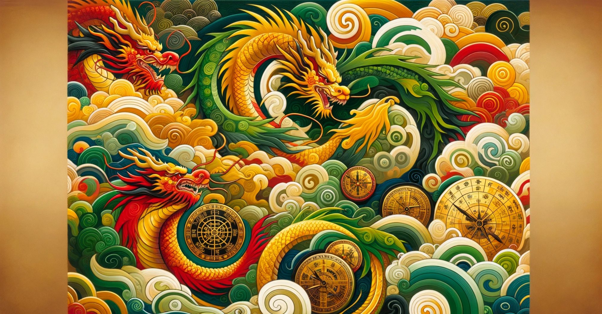 Feng Shui 2024 Wood Dragon Year abstract art with bottle green, imperial yellow, vibrant red, and travel symbols
