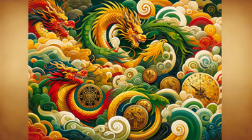 Feng Shui 2024 Wood Dragon Year abstract art with bottle green, imperial yellow, vibrant red, and travel symbols