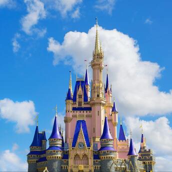 Castle with blue spires in a theme park against a blue sky with white clouds