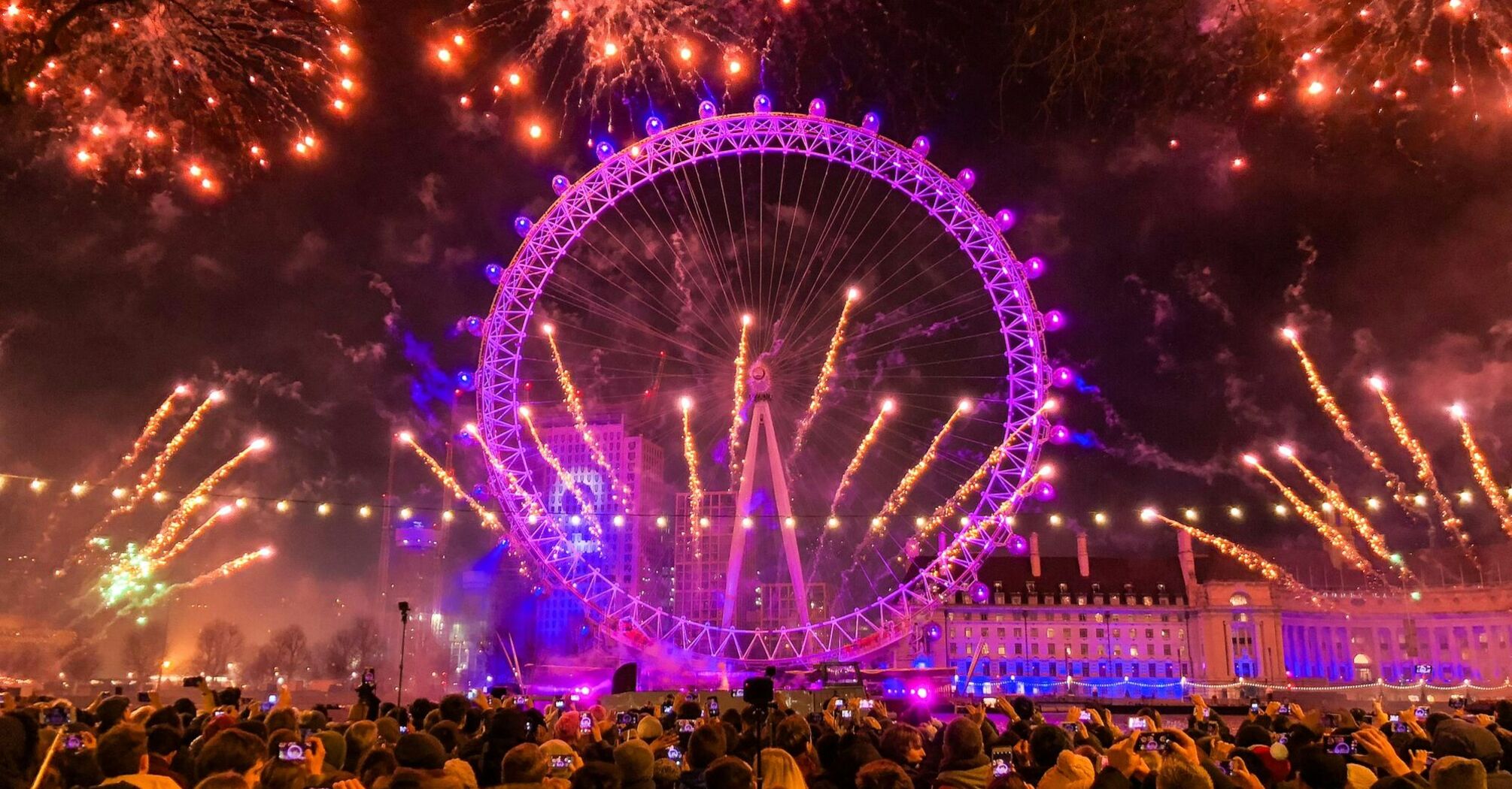 Crowd watching fireworks near the London Eye on New Year's Eve