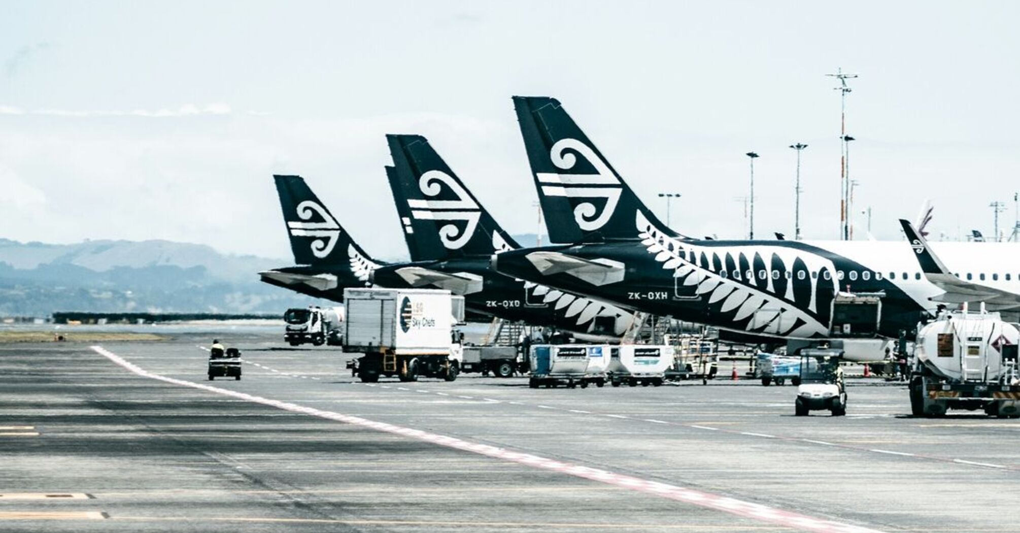 Multiple Air New Zealand planes parked on the tarmac at an airport with cargo vehicles nearby