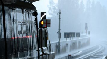 A train at a station platform during heavy rainfall, with misty conditions and water-covered tracks