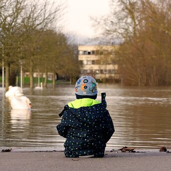 A child sitting on a flooded street, observing swans in the water
