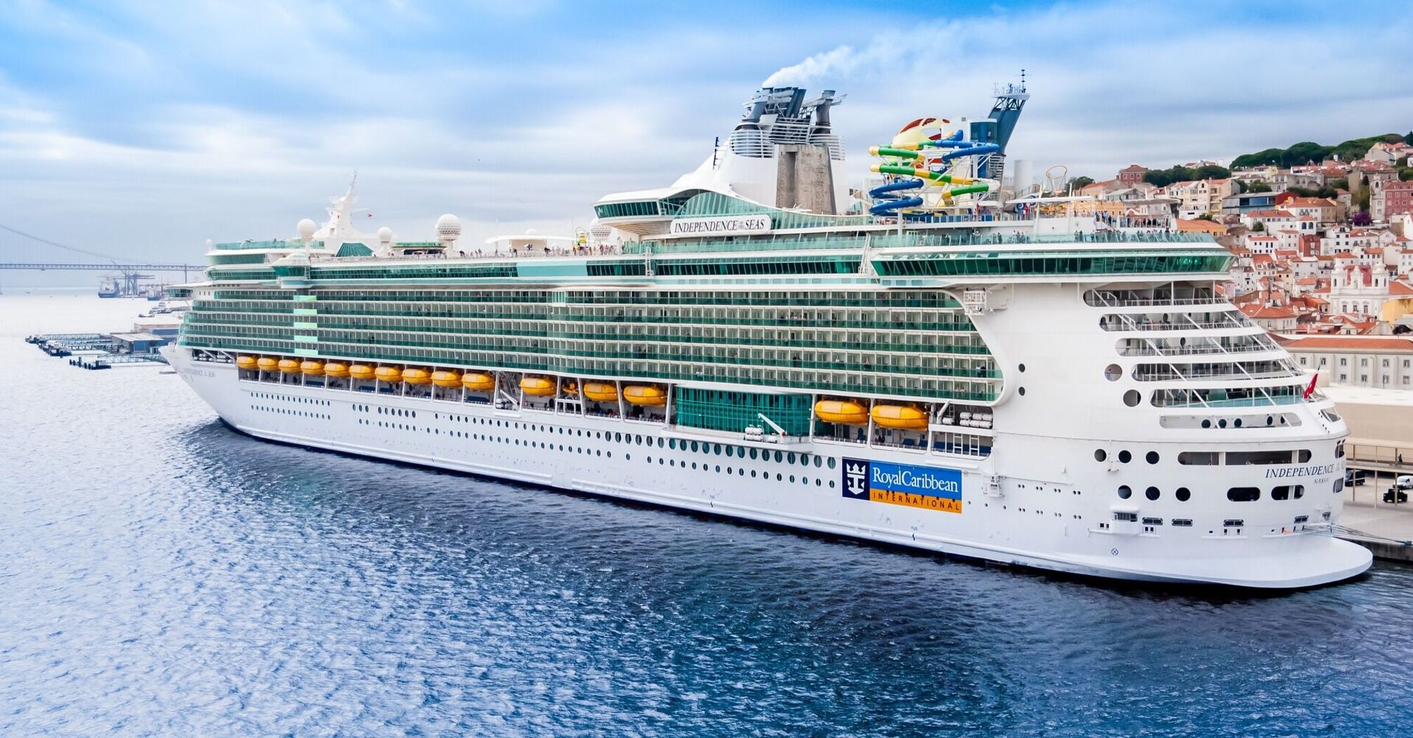 Royal Caribbean cruise ship docked at a port