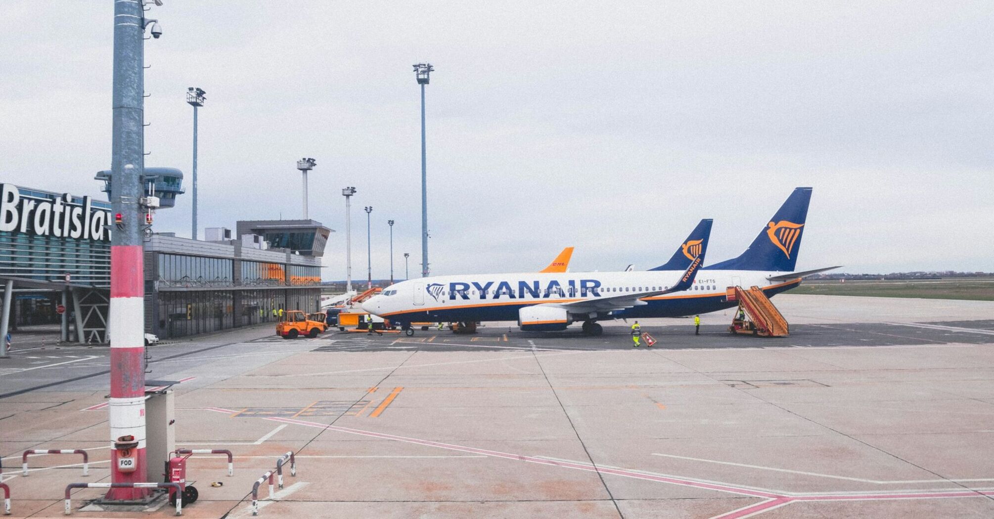 Ryanair plane parked at Bratislava airport on a cloudy day