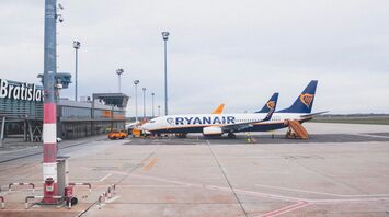 Ryanair plane parked at Bratislava airport on a cloudy day