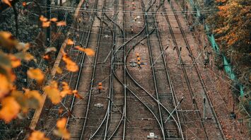 Railway tracks in autumn with fallen leaves