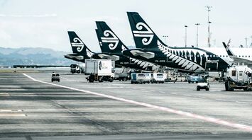 Several Air New Zealand planes parked at the airport, with service vehicles around them