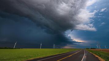 Dark storm clouds over a field with wind turbines and a road