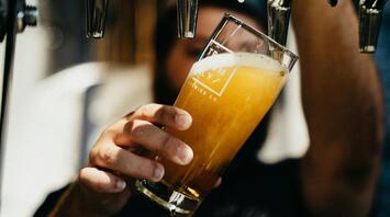 A person pours a glass of draft beer from a tap