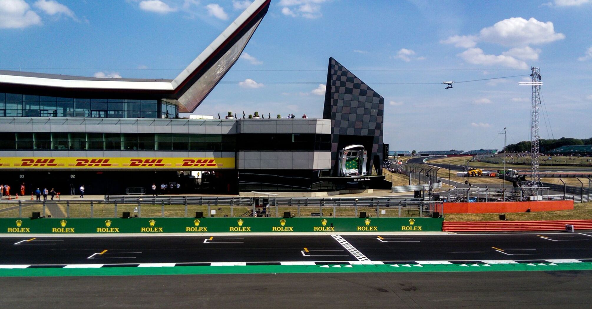 Silverstone Circuit building with track view during a motor racing event