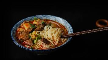 Bowl of ramen with noodles, beef, and vegetables served with chopsticks