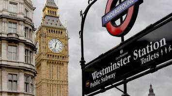 Big Ben and Westminster Underground Station sign in London