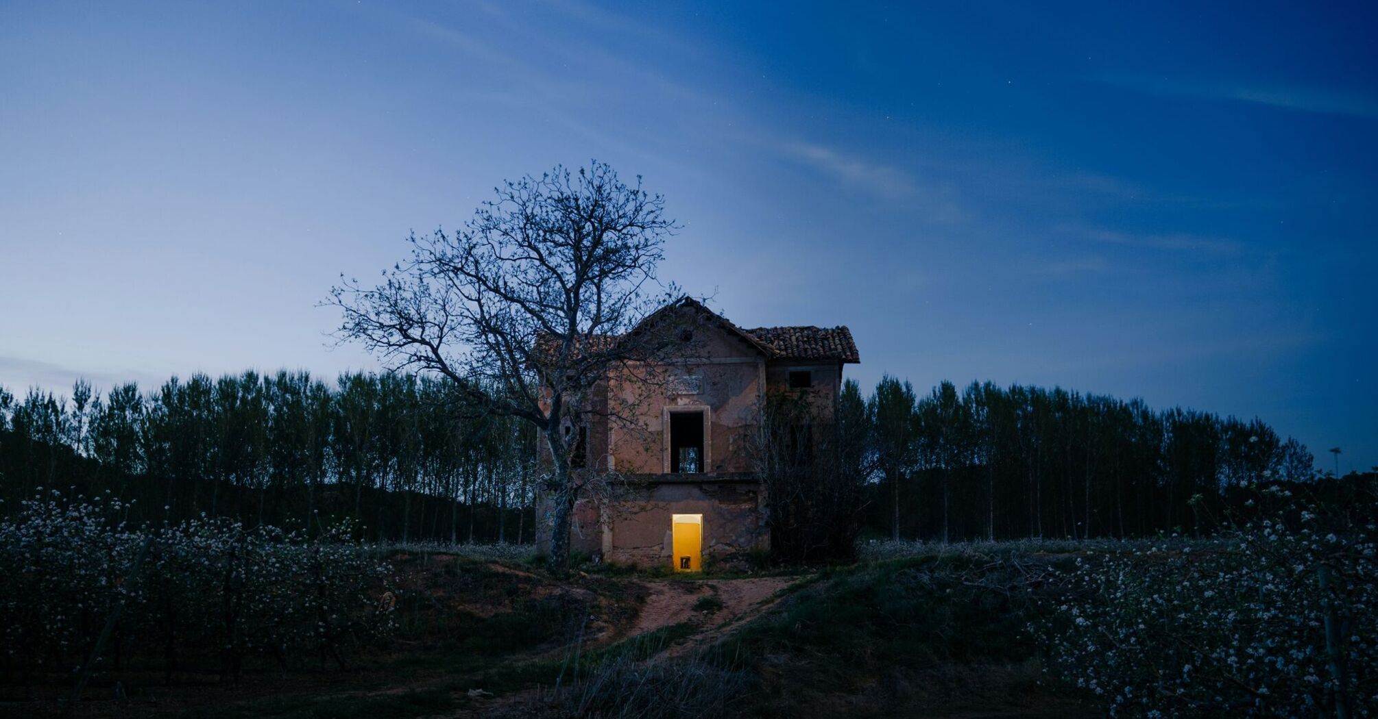 red brick house at dusk