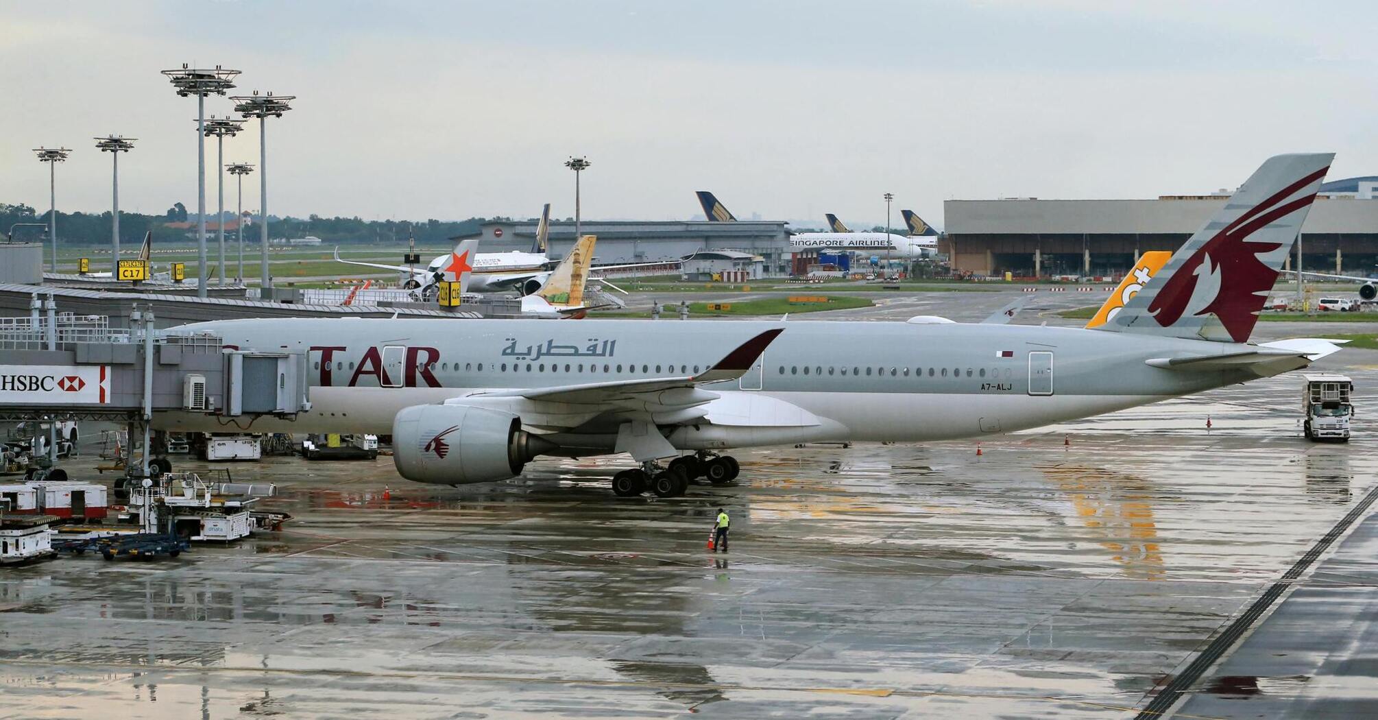 Qatar Airways airplane at airport terminal gate