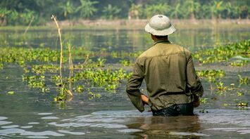 Person wading through floodwater in a green field