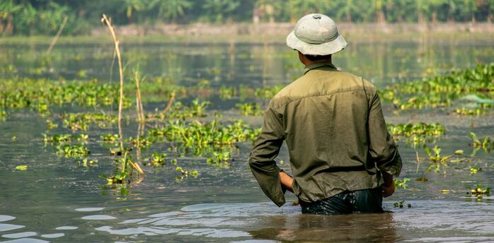 Person wading through floodwater in a green field