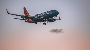 A Southwest Airlines plane approaching landing at sunset, with palm trees silhouetted in the foreground