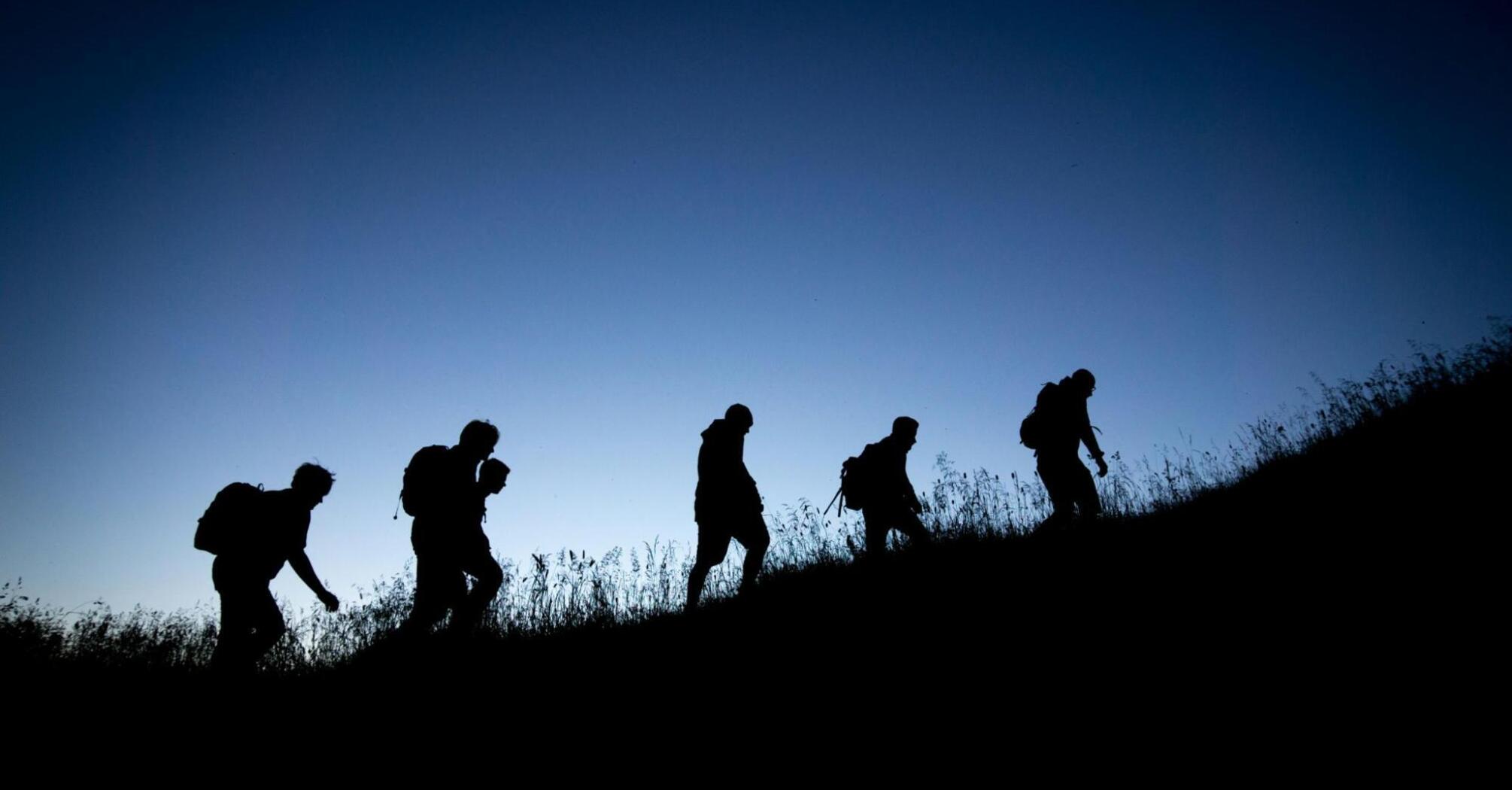 Silhouetted group of hikers walking up a hill at dusk, representing adventure and exploration