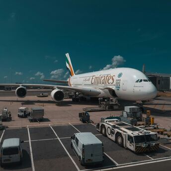 Emirates airplane at the airport gate being prepared for boarding and cargo loading