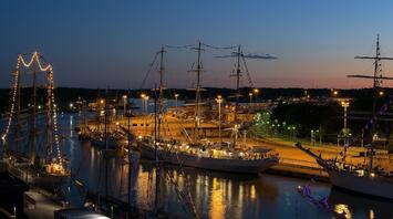 Night view of ships decorated with lights at Turku port, Finland