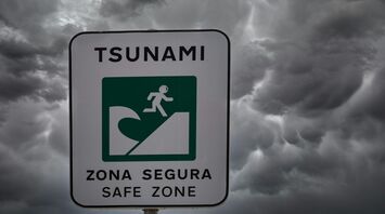 A tsunami evacuation sign reading "Zona Segura - Safe Zone" under a stormy sky, warning of safe areas in case of a tsunami