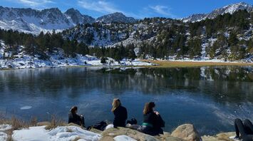 people sitting on rock near lake during daytime