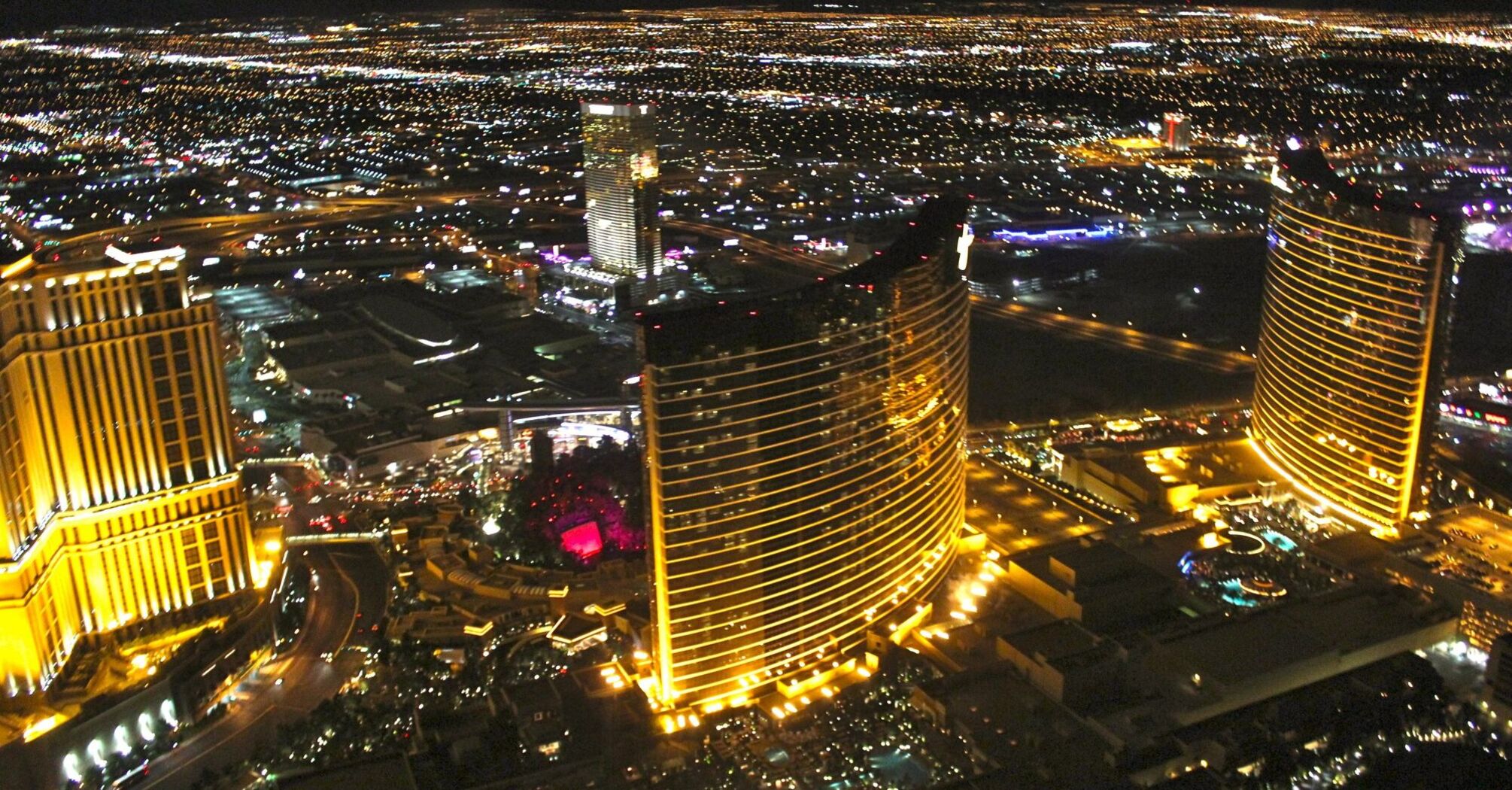 Night view of brightly lit hotels and casinos in Las Vegas