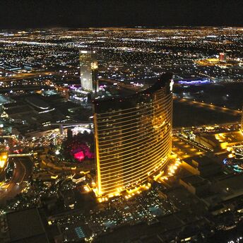 Night view of brightly lit hotels and casinos in Las Vegas