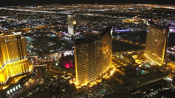 Night view of brightly lit hotels and casinos in Las Vegas