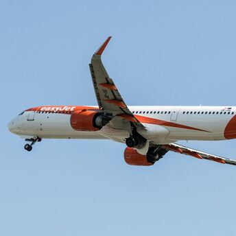 An easyJet airplane in flight against a clear blue sky